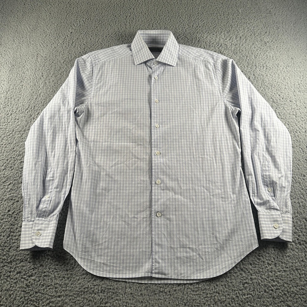 Corneliani Shirt Mens 15.5 Blue 100% Cotton Check Dress Spread Collar Made Italy